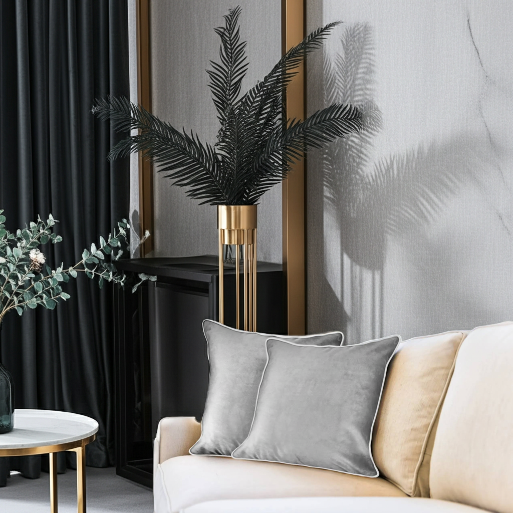 Modern living room with a beige sofa, gray cushions, and decorative plants.