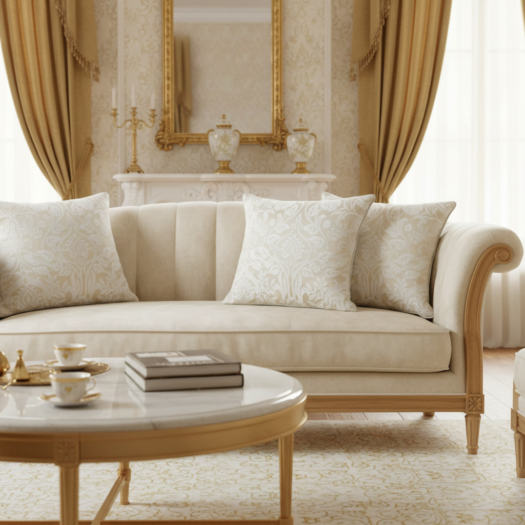 Luxurious living room with beige sofa, decorative cream cushions, and a coffee table.