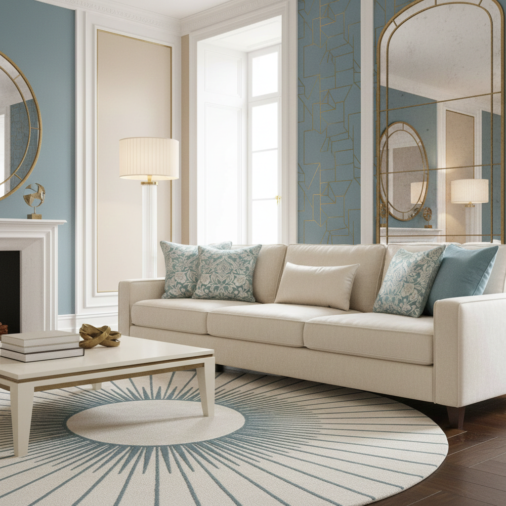 Modern living room with beige sofa, decorative duck egg blue floral cushions, and a stylish rug.