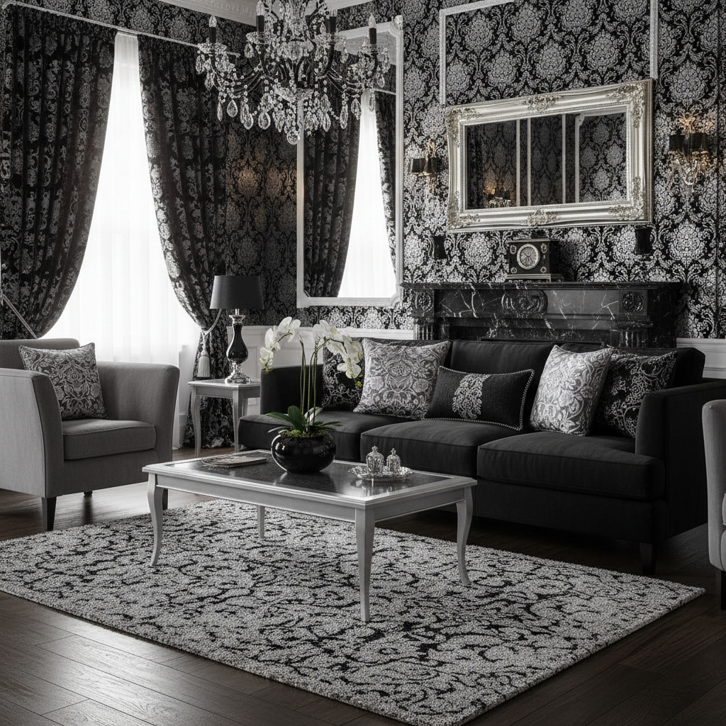 Elegant living room with dark furniture, Grey floral cushions, floral wallpaper, and a chandelier.