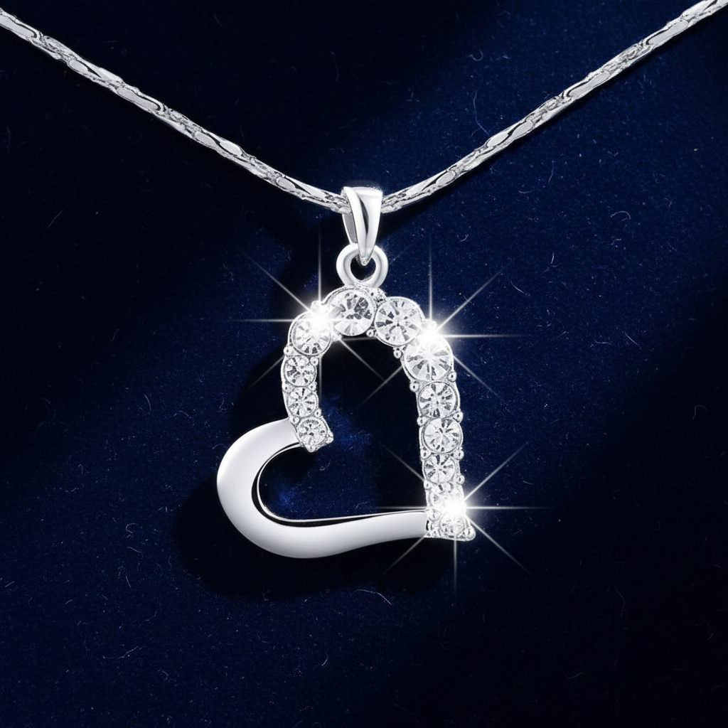 Silver necklace with a heart-shaped pendant on a dark background