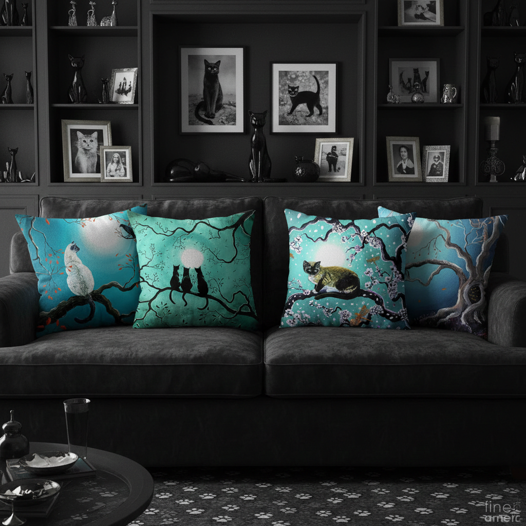 Decorative pillows with cat illustrations on a dark gray sofa against a wall with framed pictures.