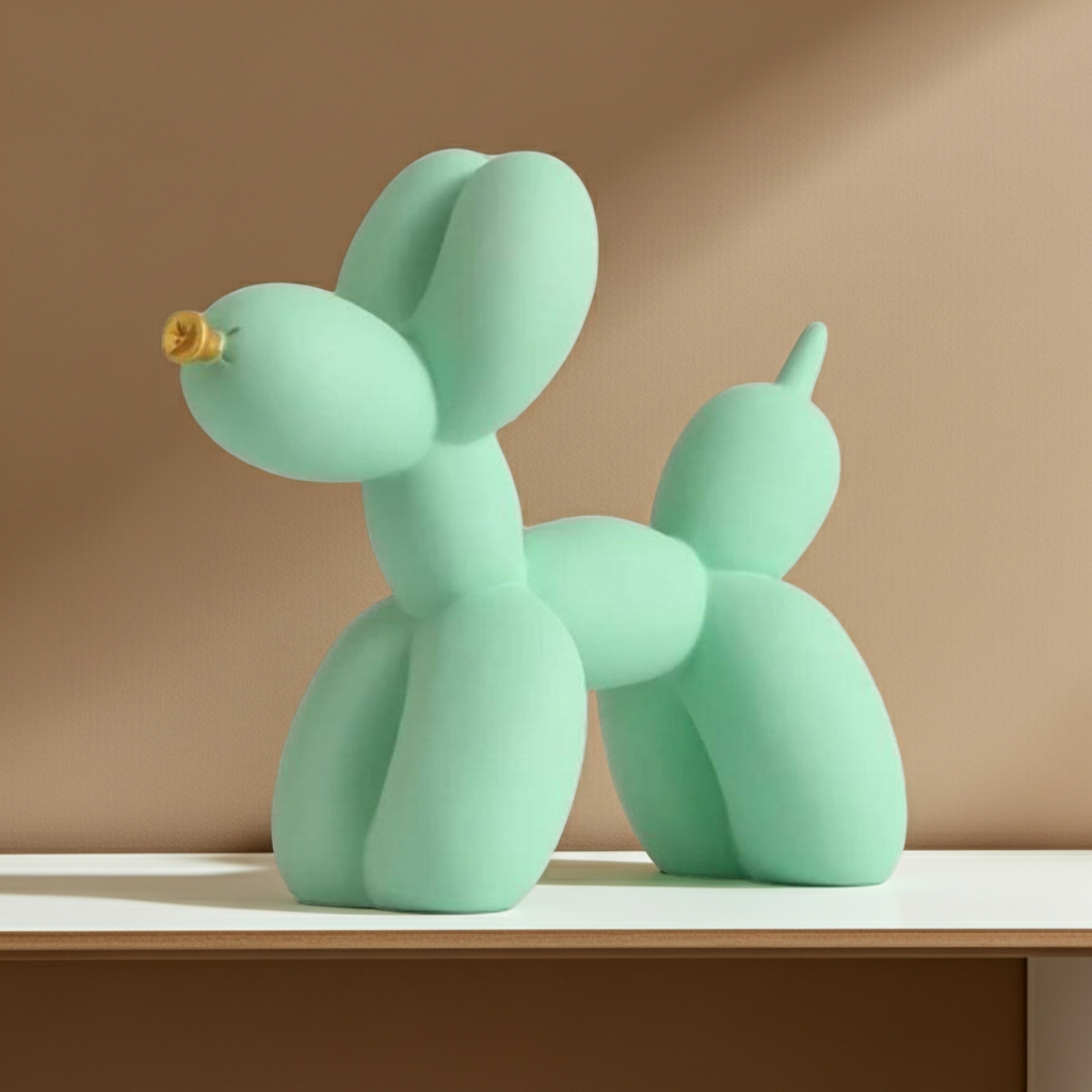 Mint green ceramic balloon dog sculpture on a beige surface with a beige background