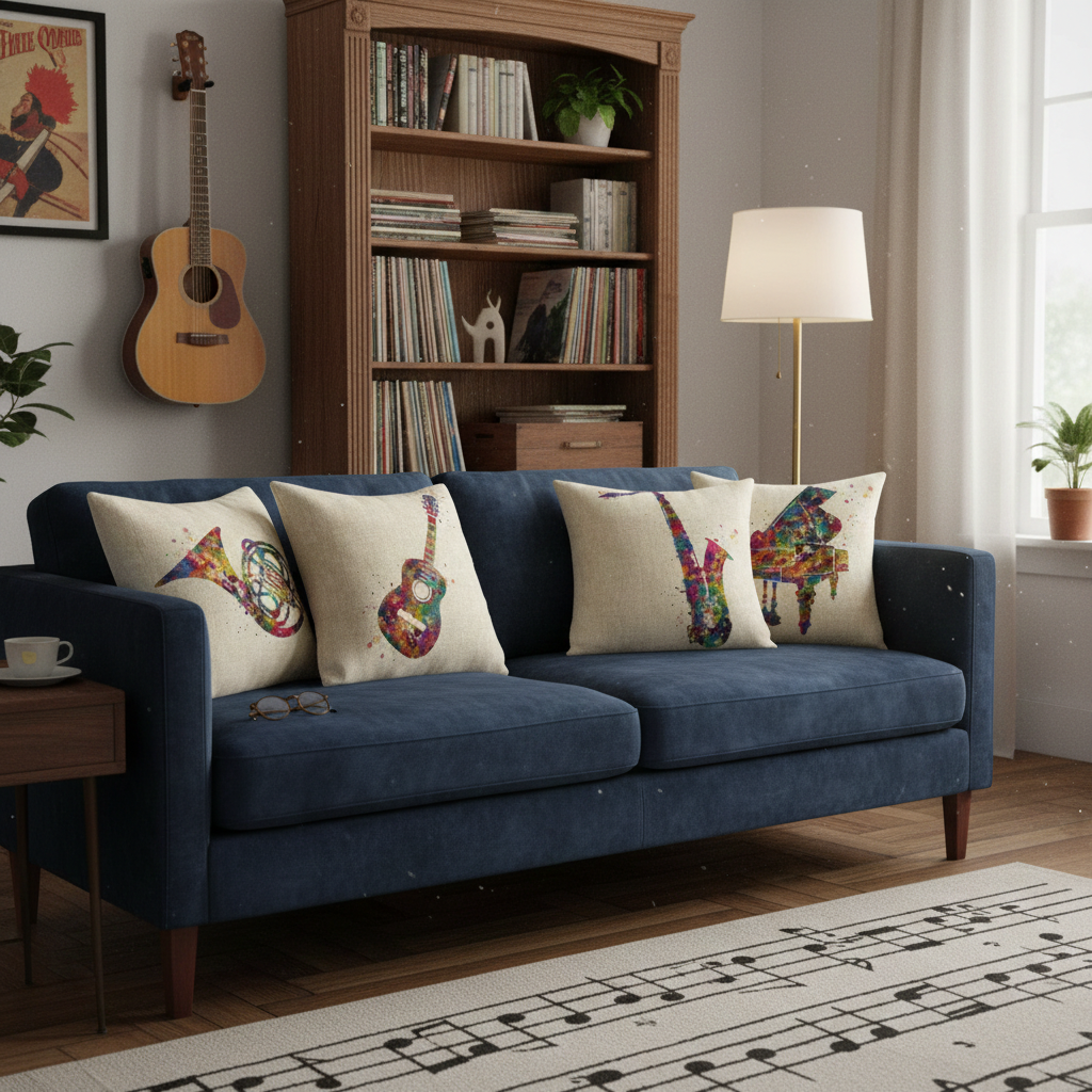 Blue sofa with decorative musical instrument cushions in a living room setting.