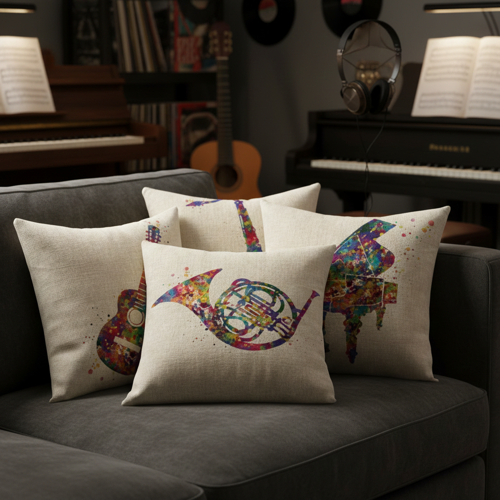 Decorative pillows with musical instrument designs on a gray couch in a music-themed room.
