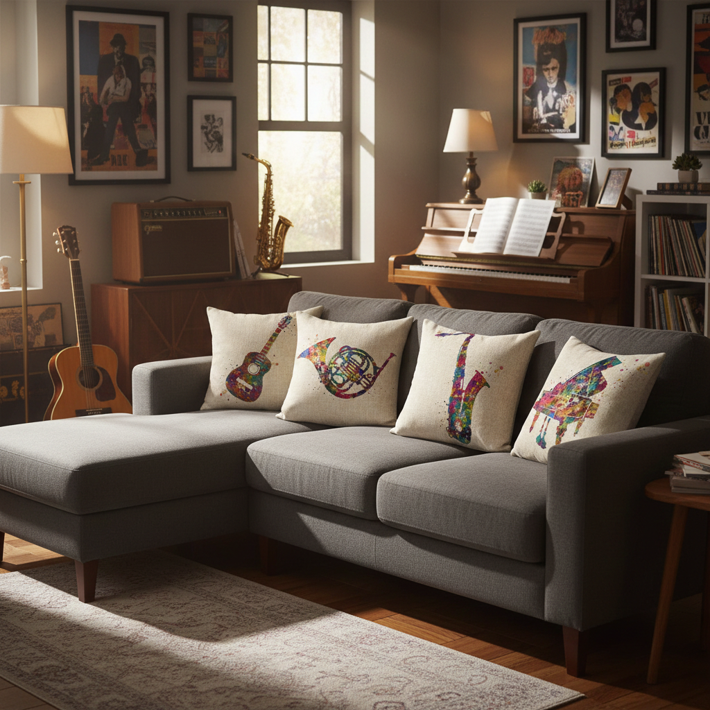 Living room showing musical instrument cushions on a gray sectional sofa, with musical instruments.