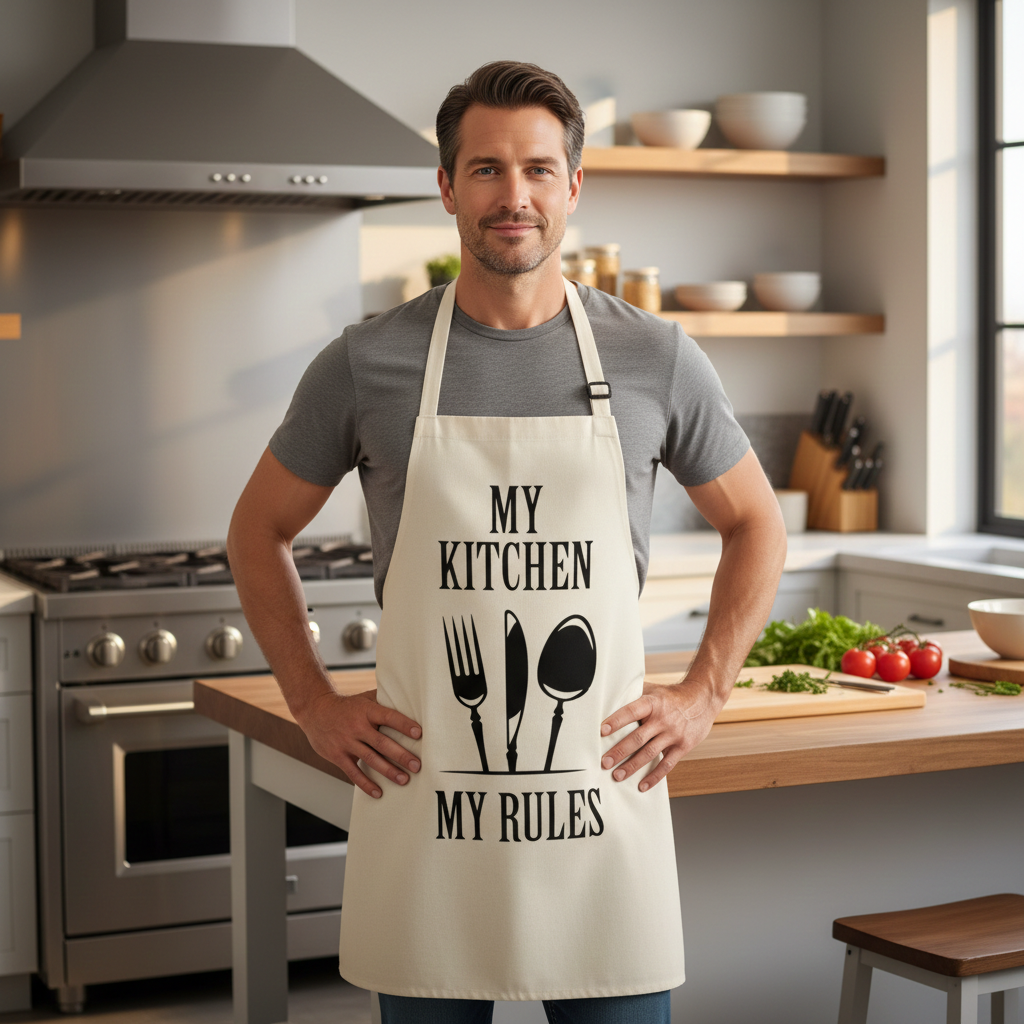 Man wearing a 'My Kitchen, My Rules' apron in a kitchen.