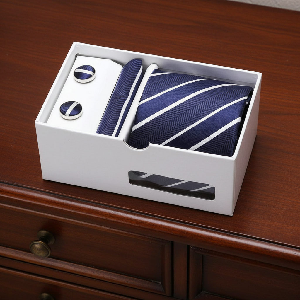 Navy striped tie with matching cufflinks in a white box on a wooden surface