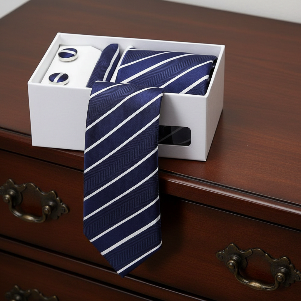 Navy striped tie with matching cufflinks in a white box on a wooden surface