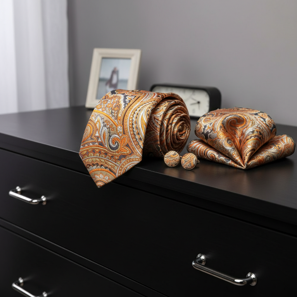 Orange and Gold paisley patterned tie on a black dresser.