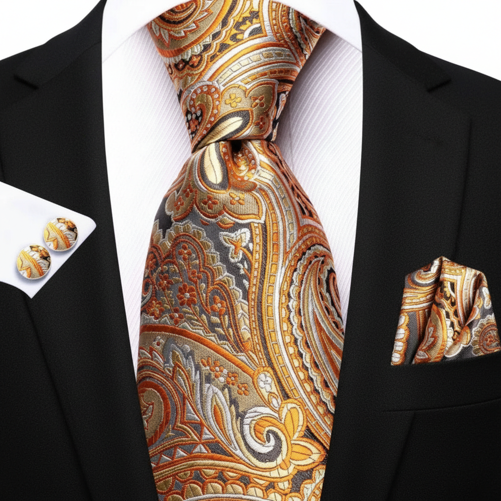Black suit with a patterned orange and gray tie, matching pocket square, and cufflinks.