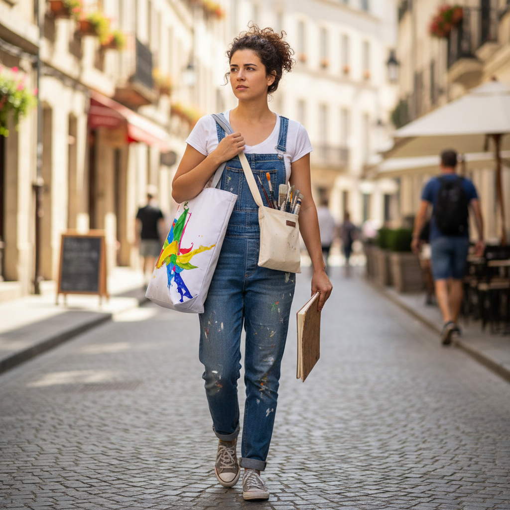 Woman walking down a street holding a colorful tote bag and a book.