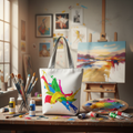 Tote bag with colorful design on a table in an art studio