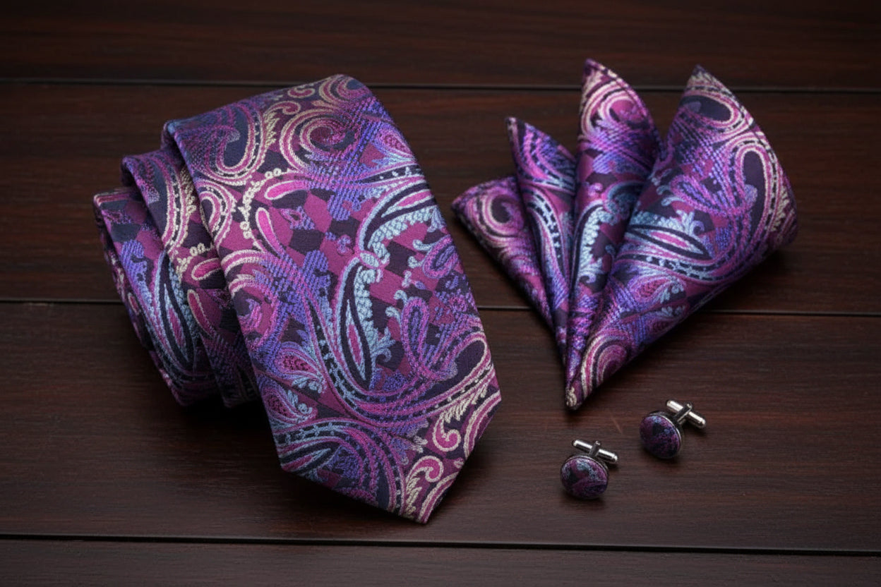Paisley Purple Tie, Handkerchief and Cufflink Set 