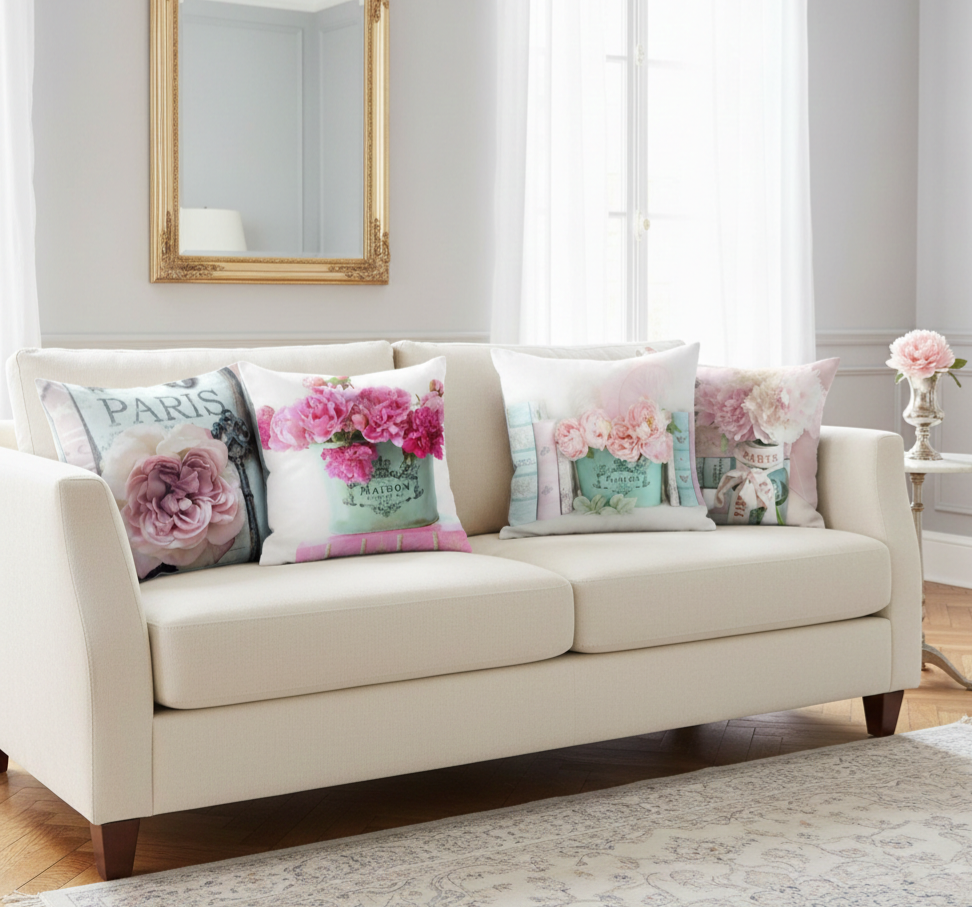 Beige sofa with floral patterned cushions in a living room setting.