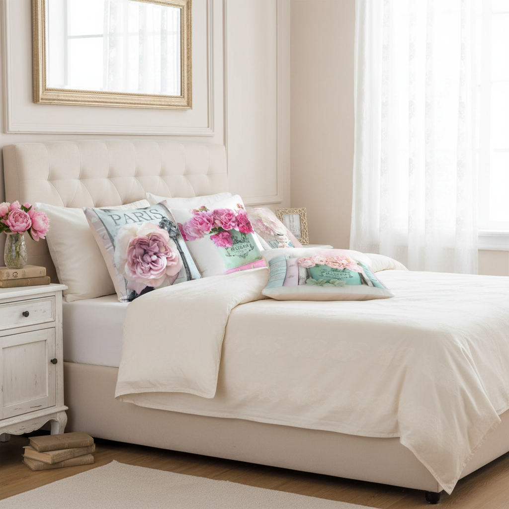 Neatly made bed with floral pillows in a bright bedroom