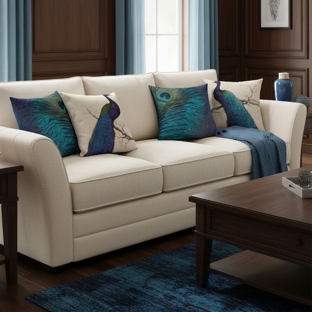 White sofa with decorative pillows and a coffee table in a living room setting.