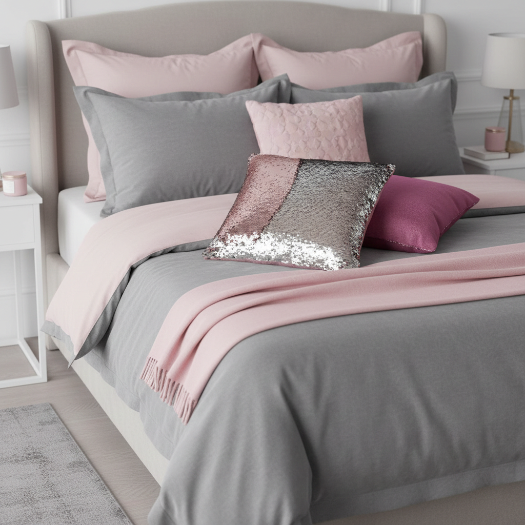 Bed with pink and gray bedding and grey an pink sequin cushion in a bedroom setting.