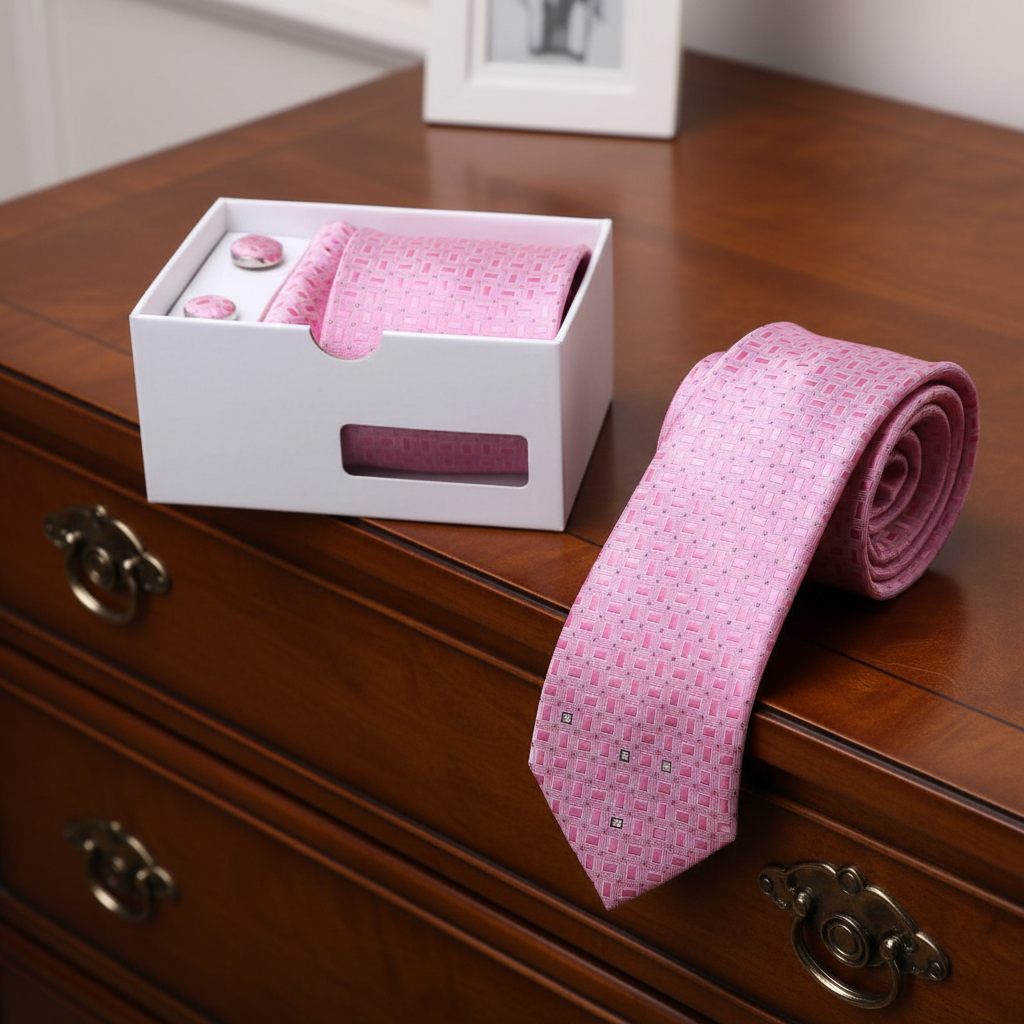 Pink tie with matching pocket square and cufflinks in a white box on a wooden surface.
