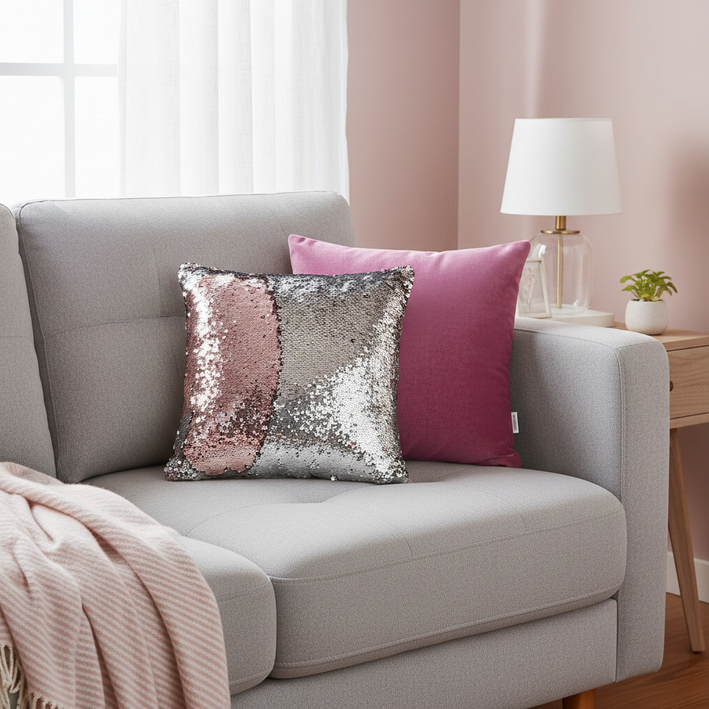 Gray sofa with pink and silver sequin cushions in a living room setting.