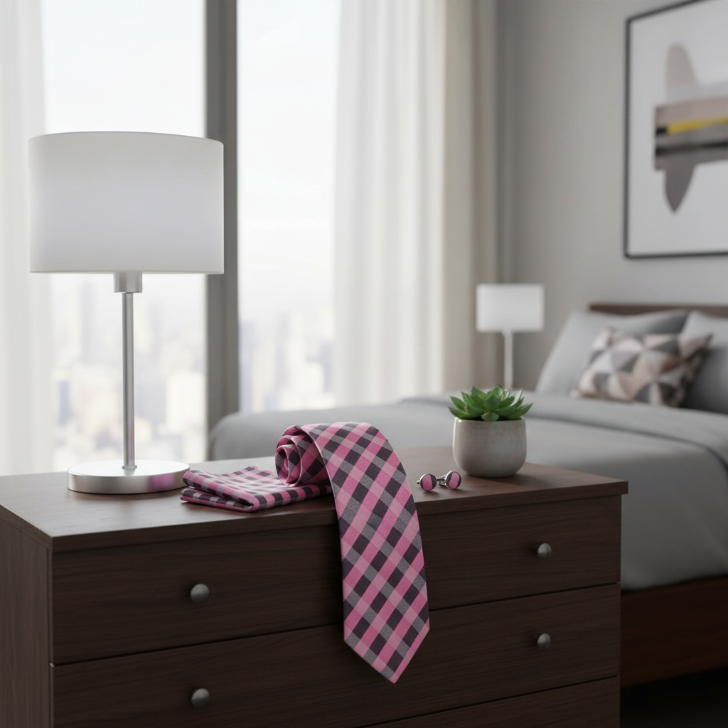 Bedroom with a nightstand, lamp, and checkered pink and grey tie gif set.