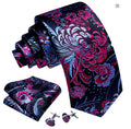 Pink and Purple floral patterned tie, pocket square, and cufflinks set on a white background