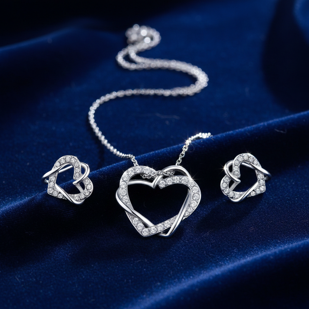Heart-shaped silver necklace and earrings on a blue satin background