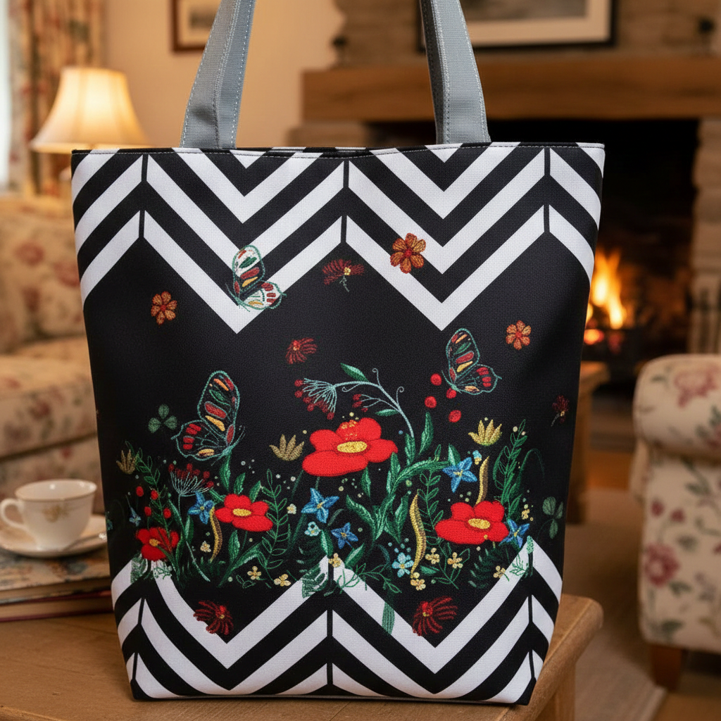 Tote bag with floral and chevron pattern on a table in a cozy room.