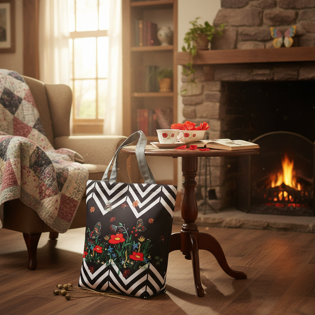 Decorative tote bag with floral design on a wooden floor in a cozy living room.