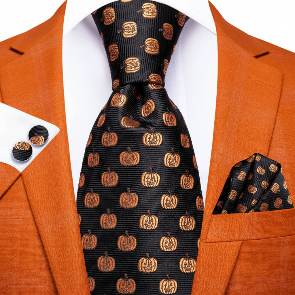 Pumpkin Halloween Tie, Handkerchief and Cufflink Set