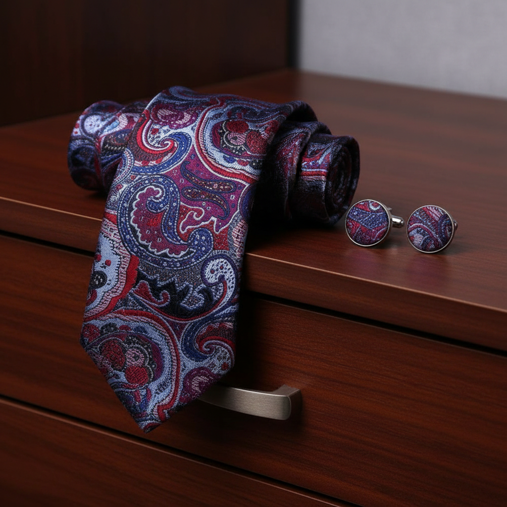 Purple Paisley patterned tie and cufflinks on a wooden surface