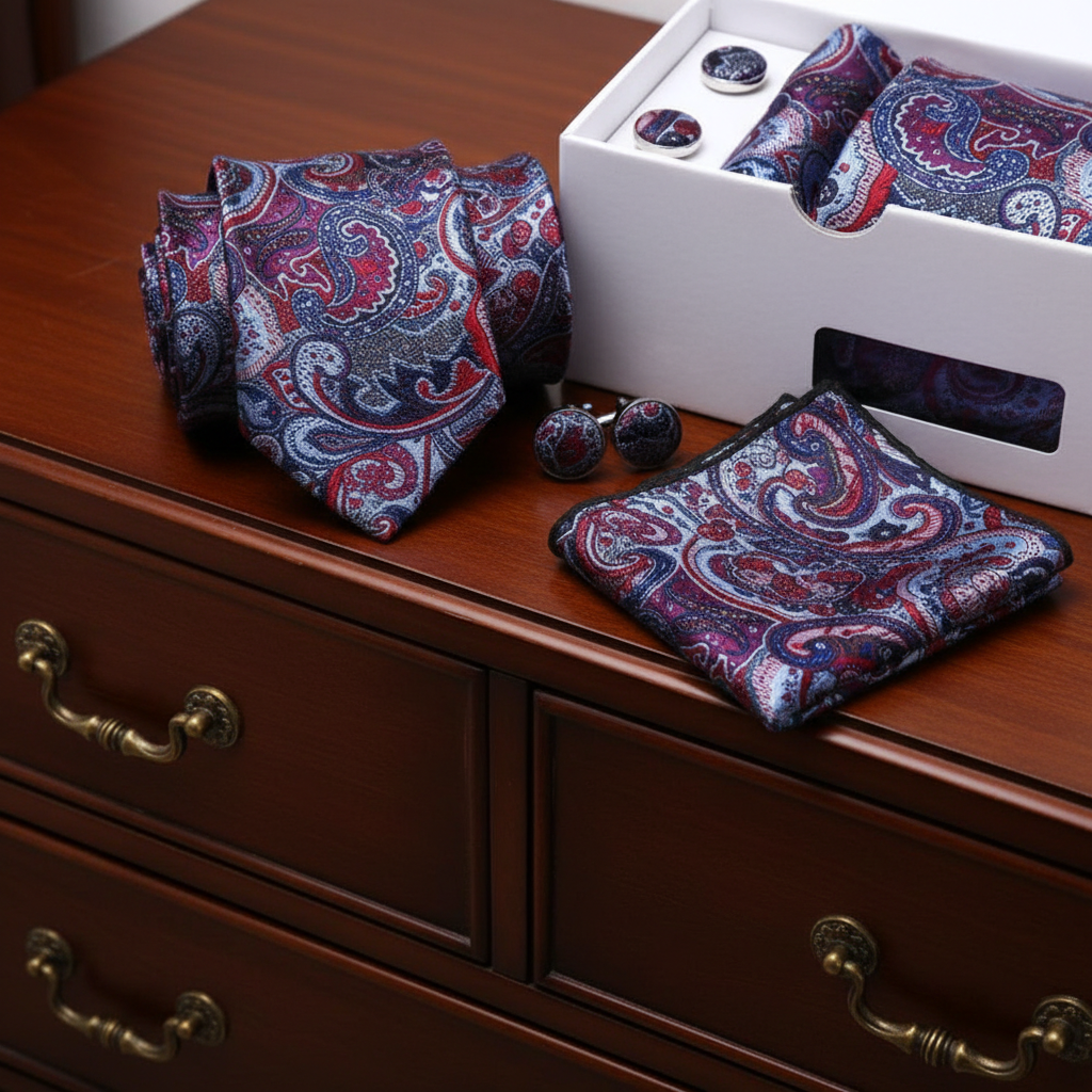 Purple Paisley patterned tie, pocket square, and cufflinks on a wooden dresser.