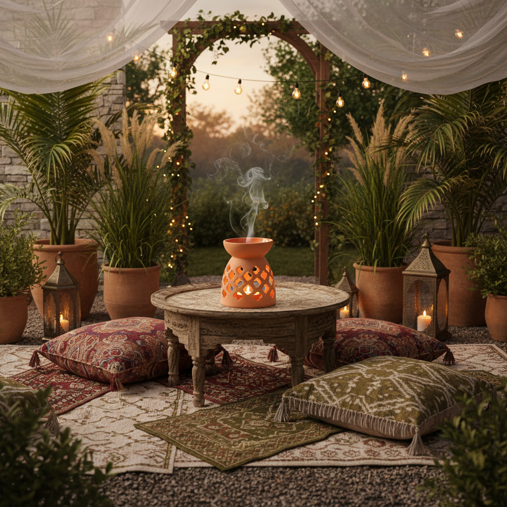Outdoor setting with a terracotta oil burner table and decorative pillows in a garden.