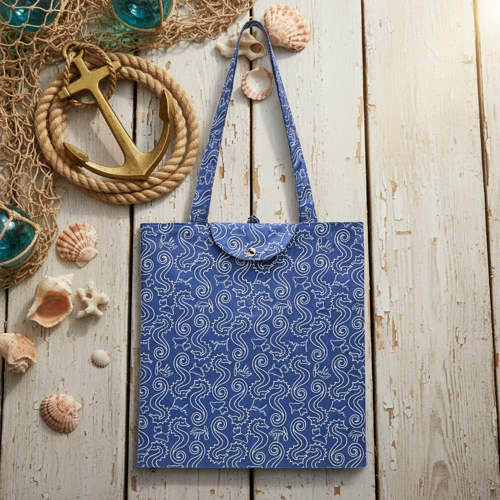 Radley blue tote bag with wave pattern on a wooden surface with nautical decorations.