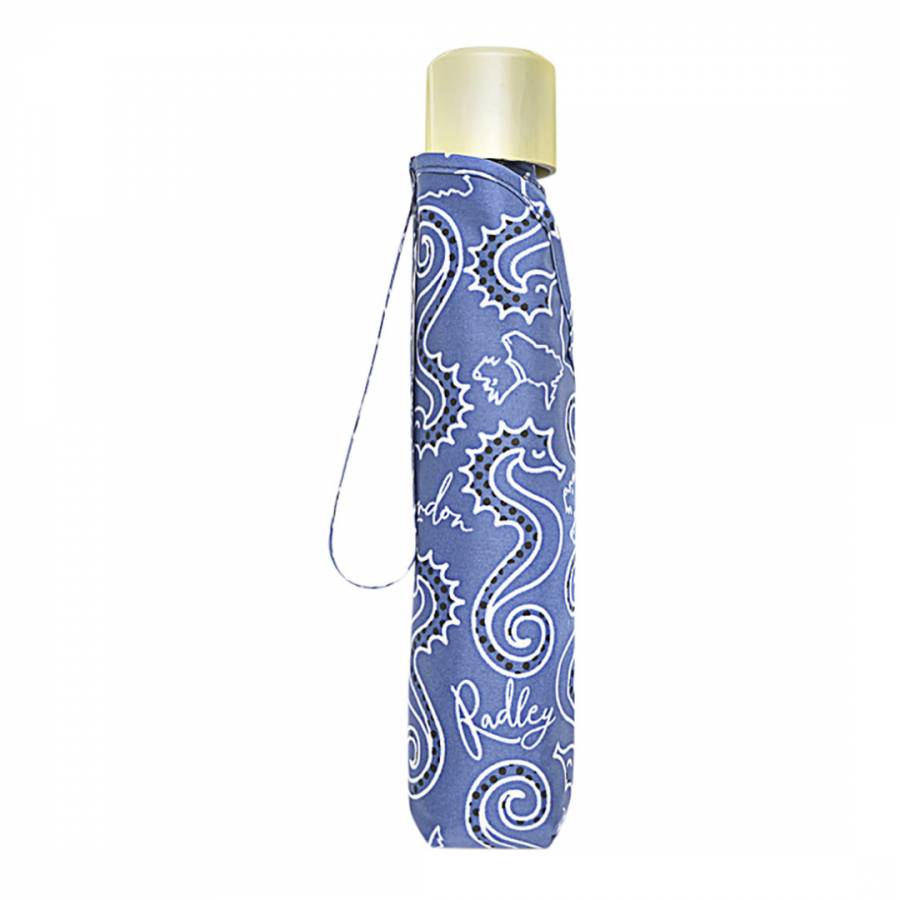 Foldable umbrella with seahorse pattern and Radley branding on a white background