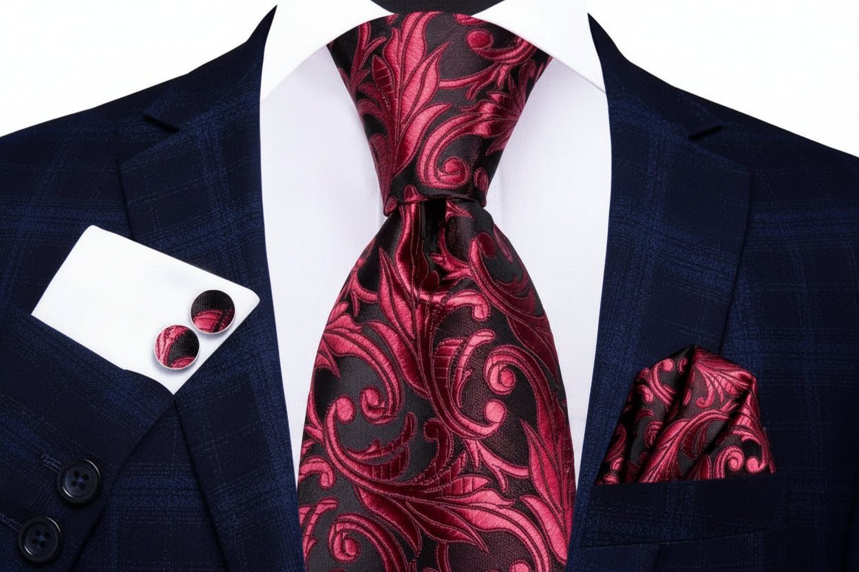 Red and Black Floral Tie, Handkerchief and Cufflink Set