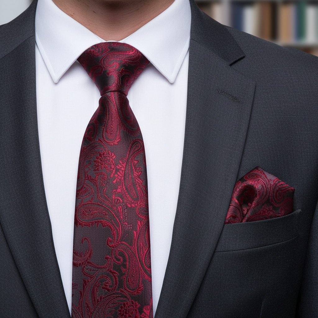 Man wearing a black suit with a red paisley tie and pocket square.