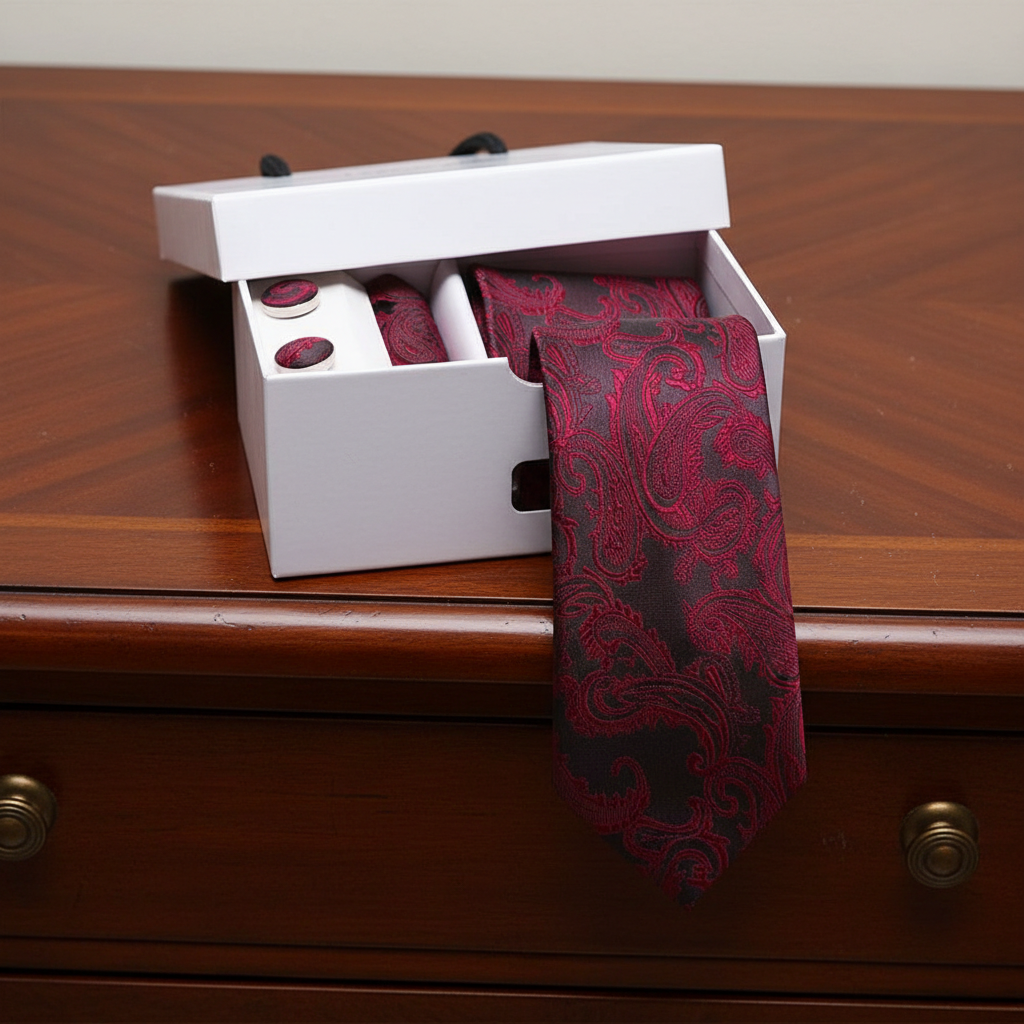 Red paisley tie and cufflinks in a white box on a wooden surface