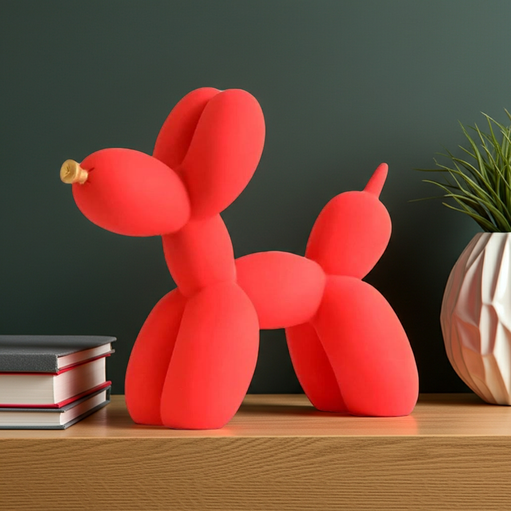 Red balloon dog sculptures on a wooden surface with books and a plant in the background.