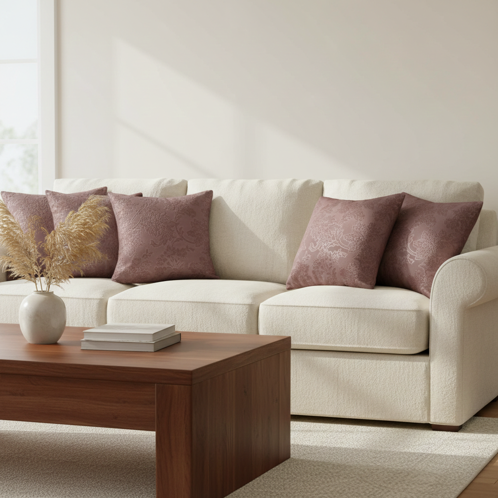 Beige sofa with pink cushions in a living room setting