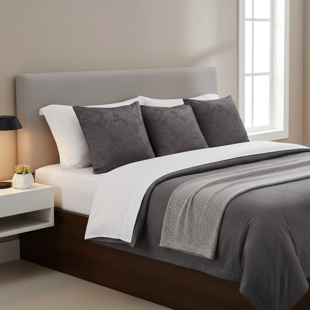 Neatly made bed with gray and white bedding in a bedroom setting.