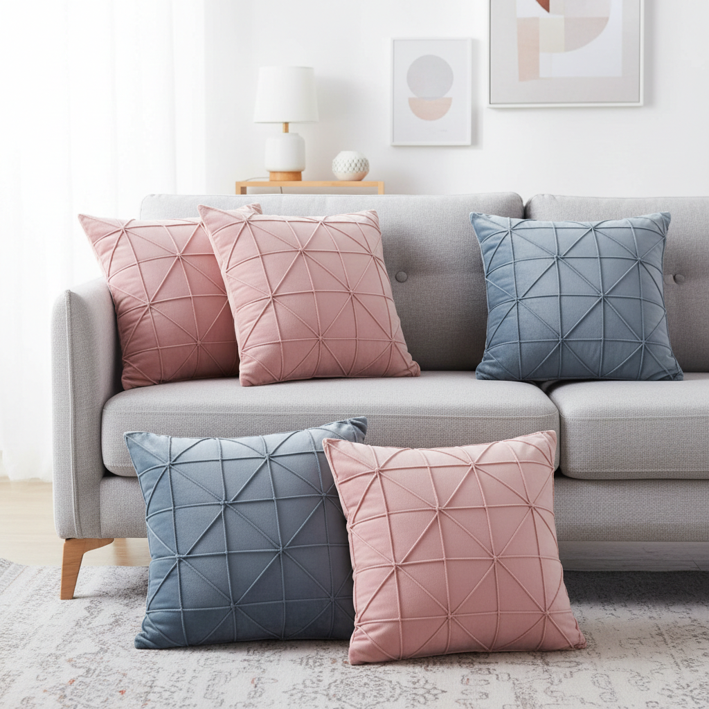 Gray sofa with pink and blue geometric cushions in a living room setting.