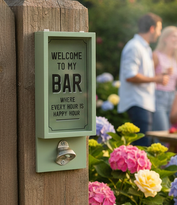 Decorative wall-mounted bottle opener, surrounded by flowers and people in the background.