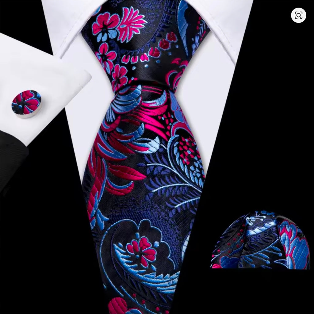 Pink and Purple Floral Tie, Pocket Square and Cufflinks Set