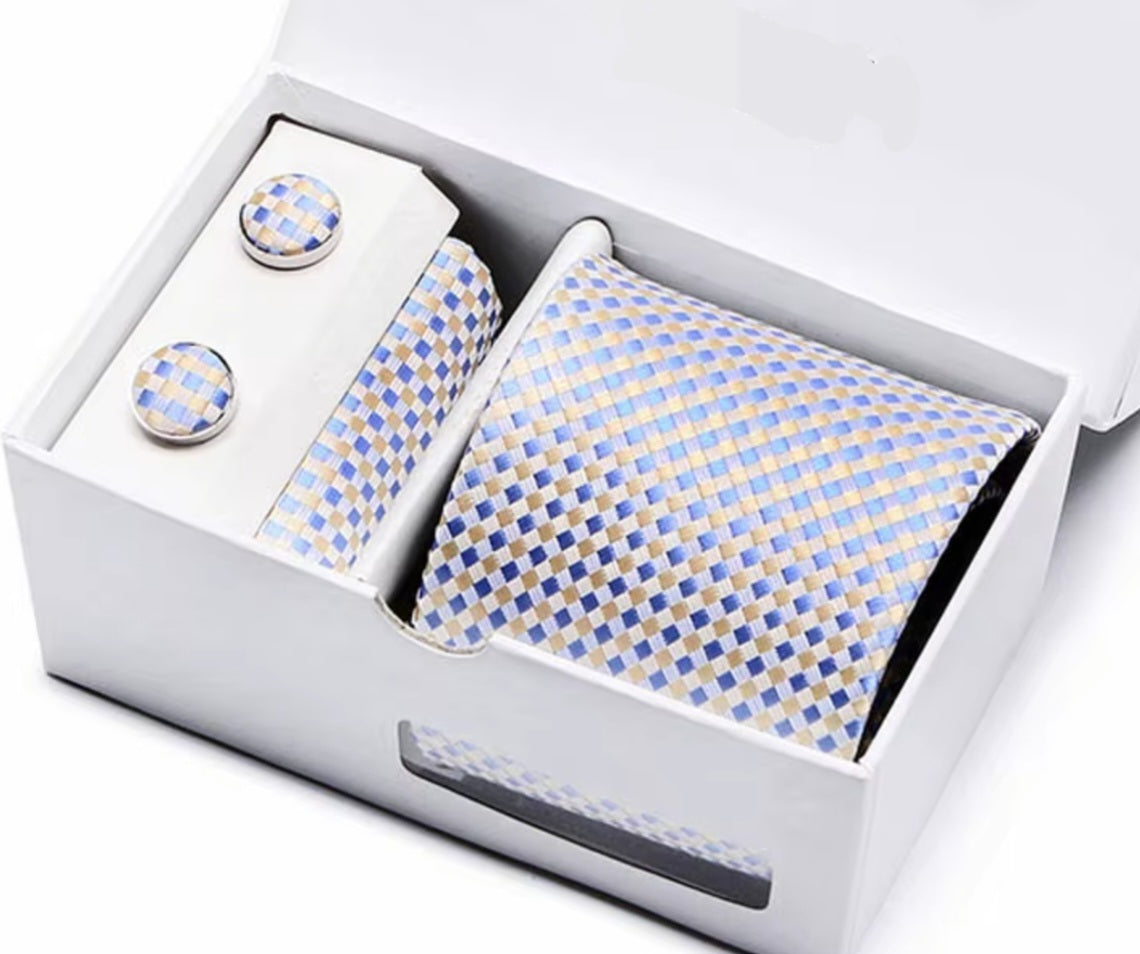 Chequered Blue Tie, Pocket Square and Cufflinks Gift Set