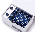 Square Patterned Blue Tie, Handkerchief and Cufflink Gift Set