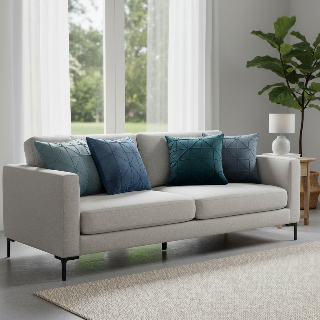 Gray sofa with blue pillows in a bright living room