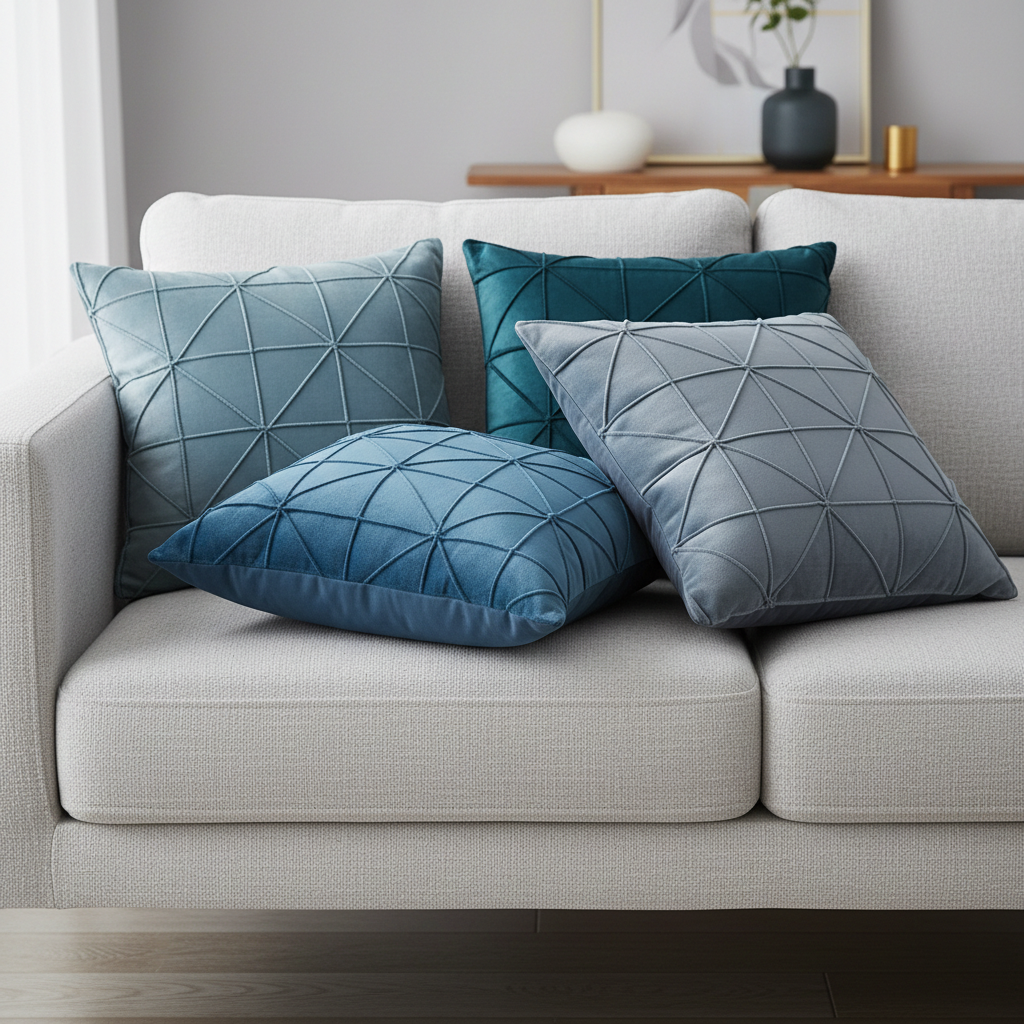Four blue textured pillows on a light gray sofa in a living room setting.