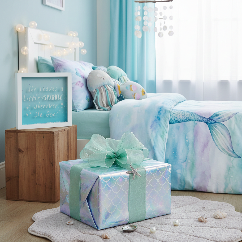 Mermaid-themed bedroom with a gift box, bed, and decorative items.