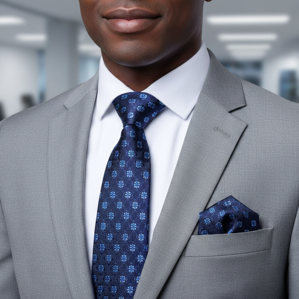 Man wearing a gray suit with a blue patterned tie and pocket square in an office setting.